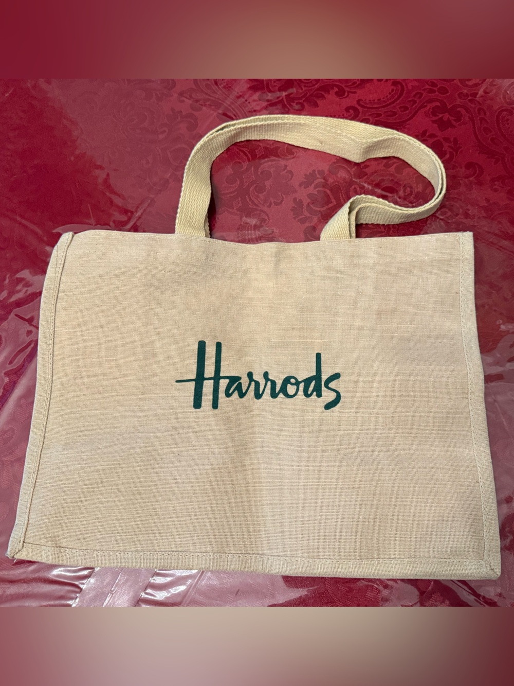 NWT Harrods of London Jute & Cotton Canvas Logo Tote Bag